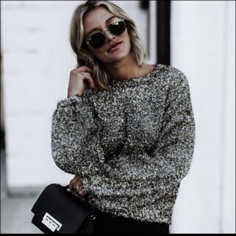 Anthropologie Leith Sweater Silver Black Metallic Tinsel Oversized XS